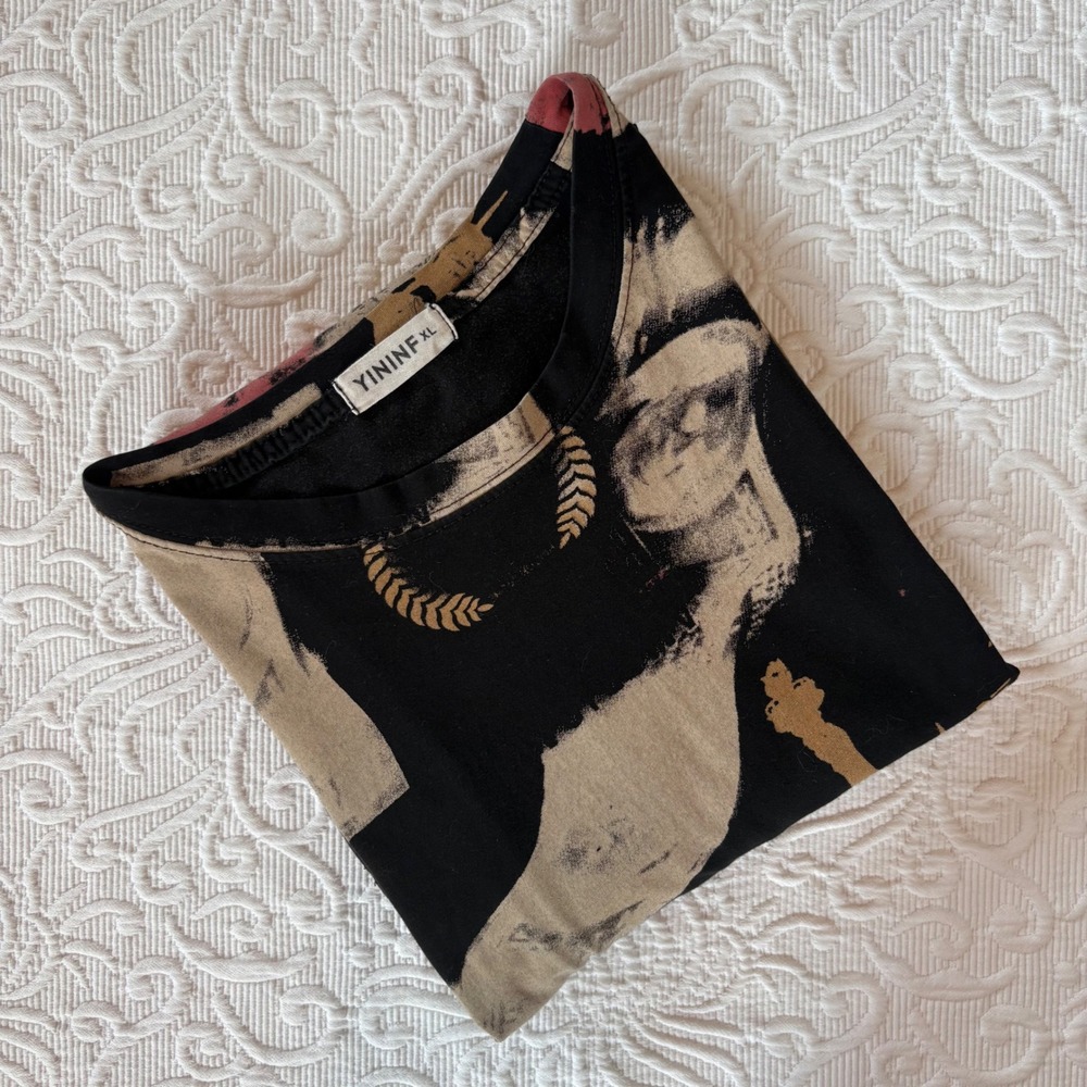 YININF Mens XL Streetwear Shirt T-Shirt Statue of Liberty Print Longline Black